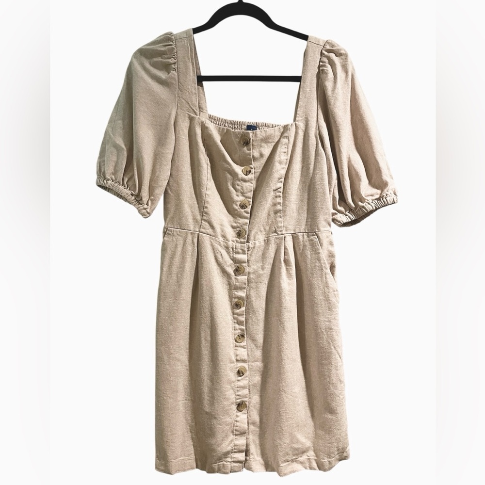 Old Navy Linen Blend Puff Sleeve Button Natural Tan Khaki Mini Dress Small NWT - Picture 4 of 6